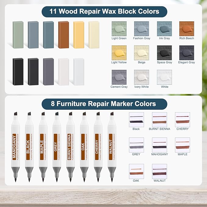 Laminate Vinyl Wood Floor Scratch Repair Kit with Heat Pen - 11 Colors Grey Hardwood Wax Sticks & 8 Colors Dual Tip Furniture Markers Touch up, Linoleum Restoration Wax Melting Tool Set