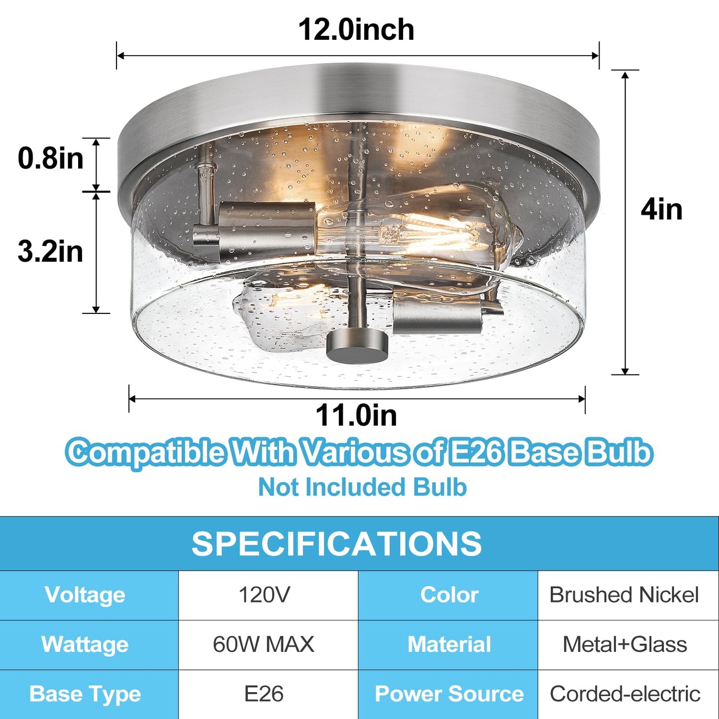 Flush Mount Ceiling Light Fixtures, 2-Light 12 Inch Brushed Nickel Close to Ceiling Light Fixtures with Seeded Glass Shade Ceiling Light Fixture for Porch, Hallway, Bathroom, Dining Room and Foyer