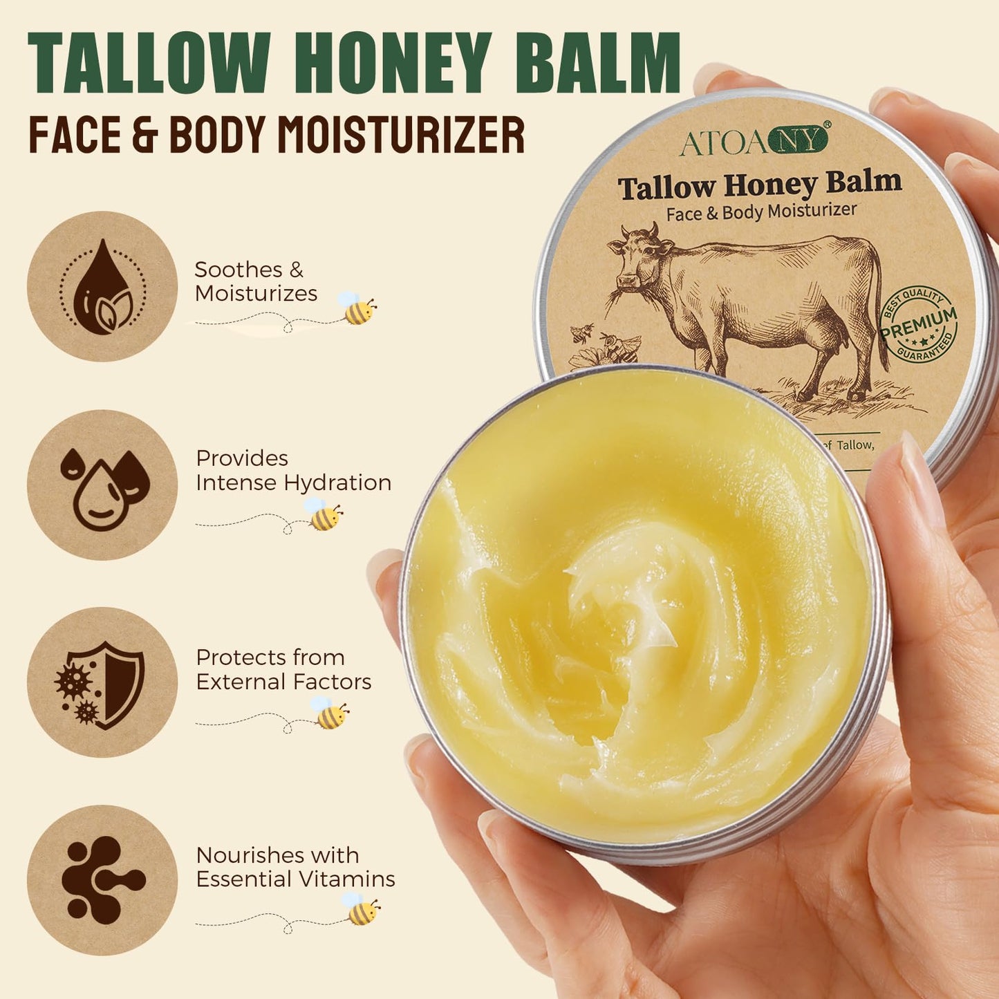 NIFEISHI Beef Tallow for Skin, Tallow and Honey Balm, Beef Tallow for Face with Raw Honey and Beeswax, Natural Organic Grass-Fed