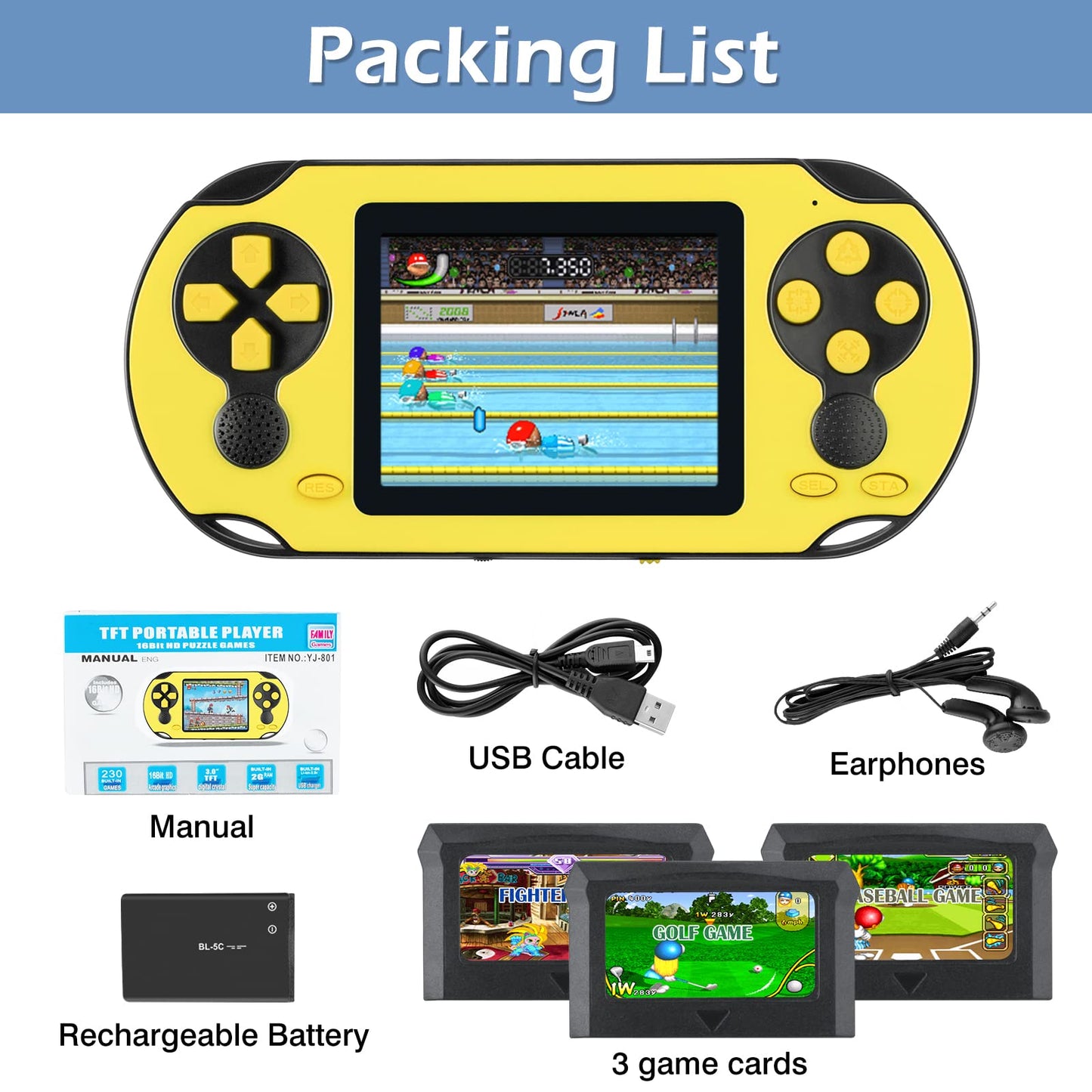 TaddToy 16 Bit Handheld Game for Kids Adults, 3.0'' Large Screen Preloaded 230 HD Classic Retro Video Games with USB Rechargeable Battery & 3 Game Cartridges for Birthday Gift for Kids 4-12 (Yellow)