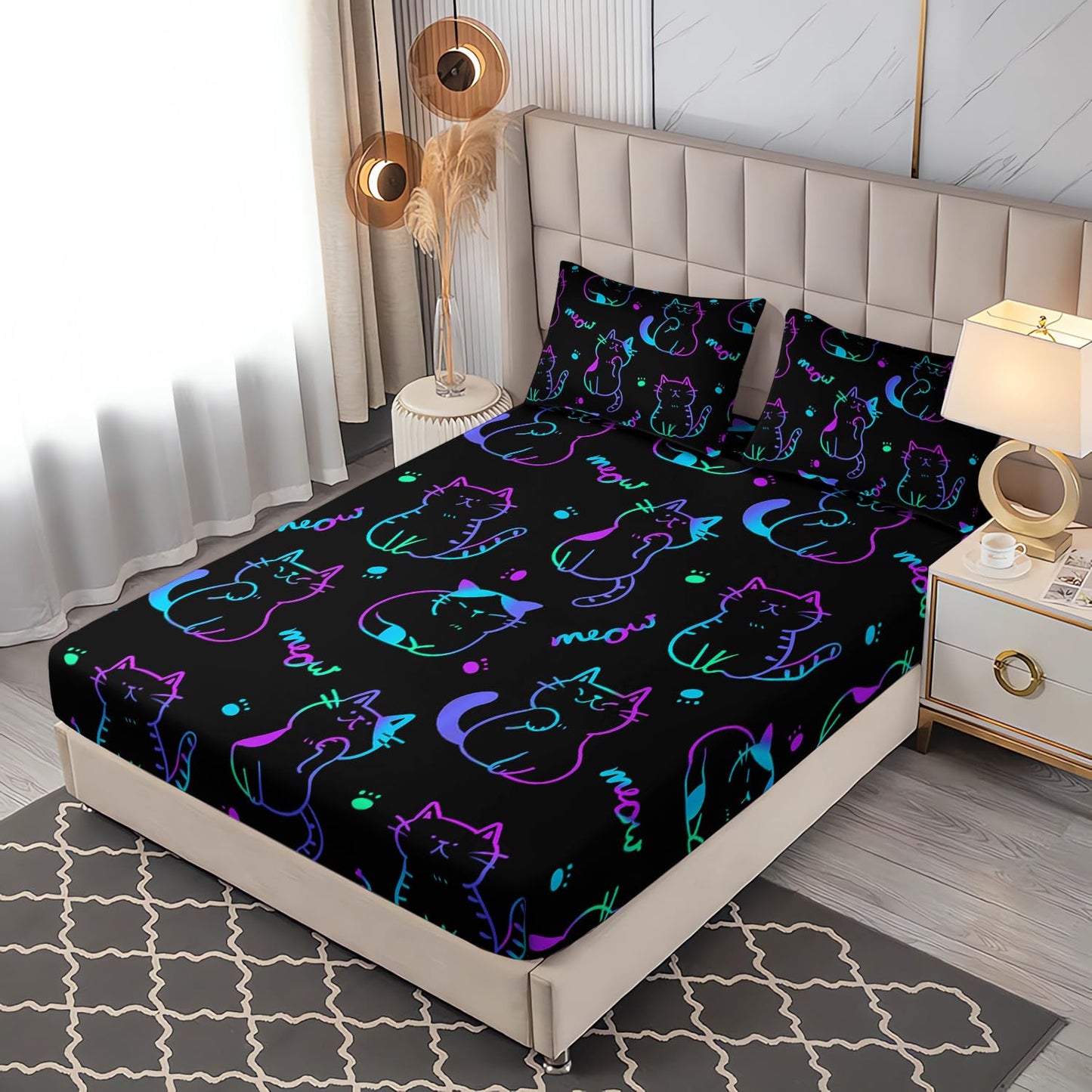 UEVBF 3D Neon Cat Sheets Twin Size Bed Set,Gradient Line Kawaii Cat Fitted Sheet Set for Teens Kids Boys Girls Room Decoration,Black Cute Bedding Fitted Sheet Set,1 Fitted Sheet+2 Pillowcases.