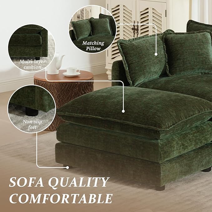 SoarFlash Chenille Sectional Sofa, Comfy Modular Loveseat Sofa, Modern 3-Seat Couch Deep Seat Sofa Set for Living Room,Green