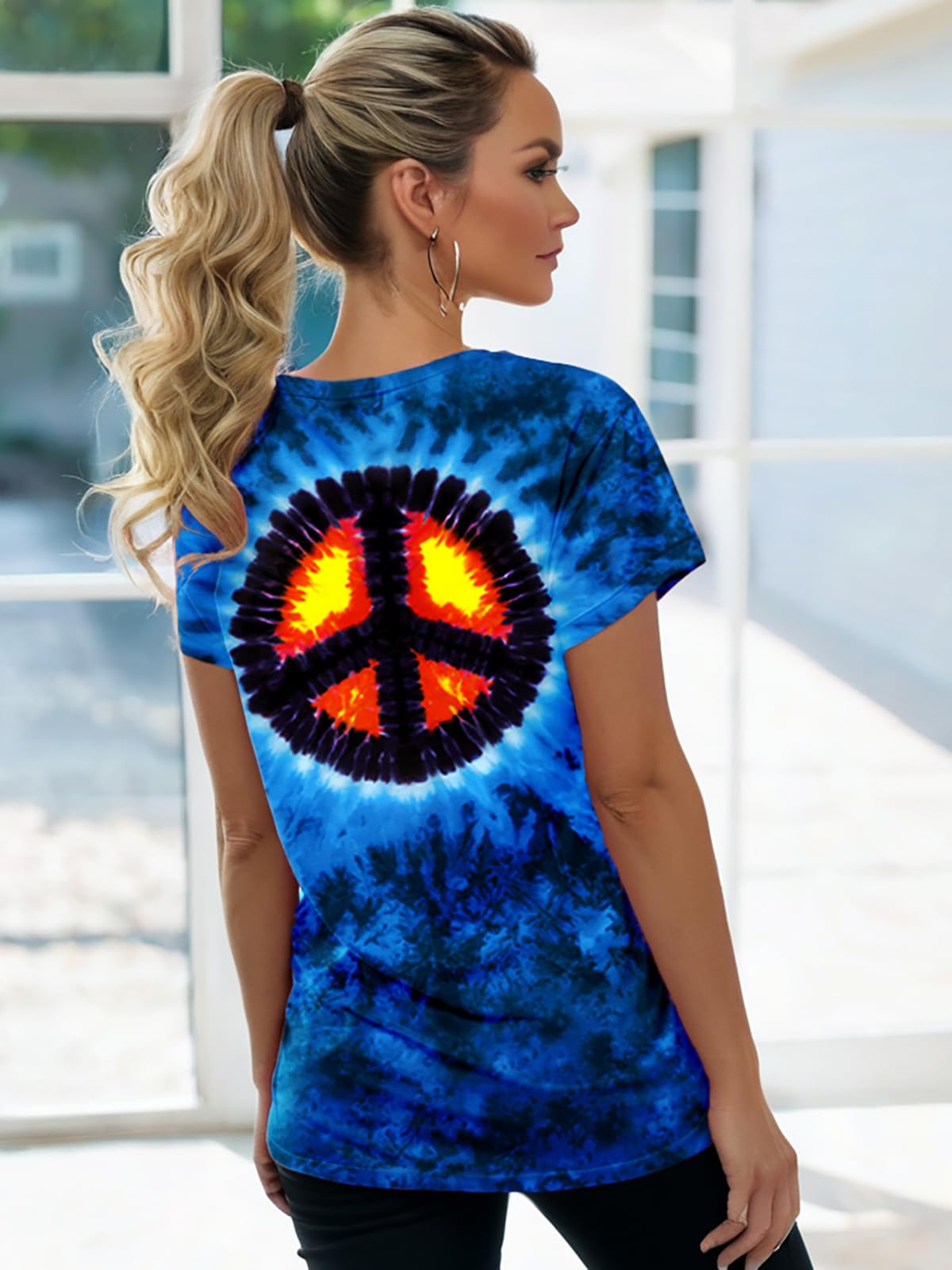 OCURHU Tie Dye Hippie Shirts for Women Hippy Retro 60s 70's T-Shirt Peace Sign Hippie Lover Gifts Tee #Seablue XL