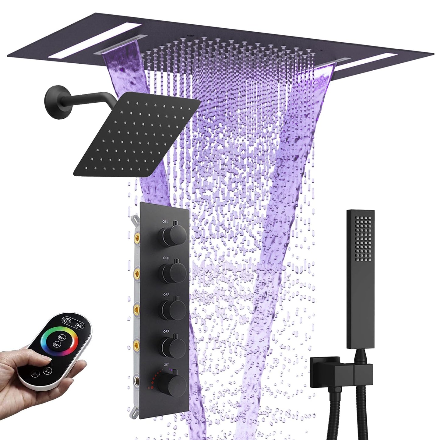 NPYSVSSS Dual Rain Shower Head Thermostatic Luxury Spa Shower System And Ceiling Mount 14x20 Inch LED 4 Functions with 6 Inch Wall Head Shower Faucet Set,Matte Black