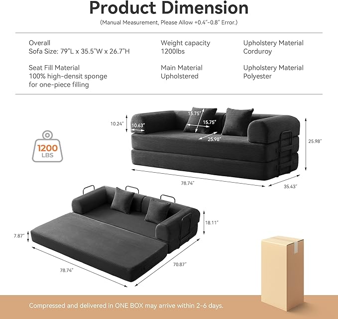 ZQRhome 79" 5-in-1 Convertible Sofa Bed, King Size Sleeper with Bonus Pillows & Heavy Duty Frame, No Assembly Corduroy Couch Bed for Movie Night & Guest Room, Black