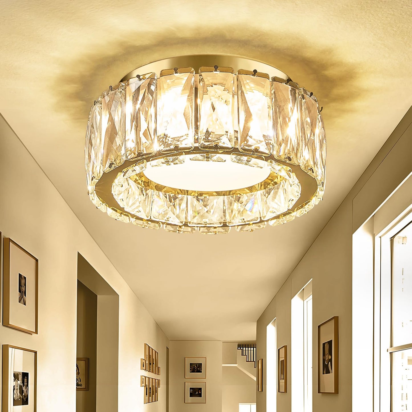 Suenigle Modern Dimmable LED Luxury Crystal Gold Flush Mount Ceiling Light Fixture,7.87 Inch 15W,3CCT,mini Round Close to Ceiling Chandelier for Hallway,Kitchen,Laundry Room,Entryway