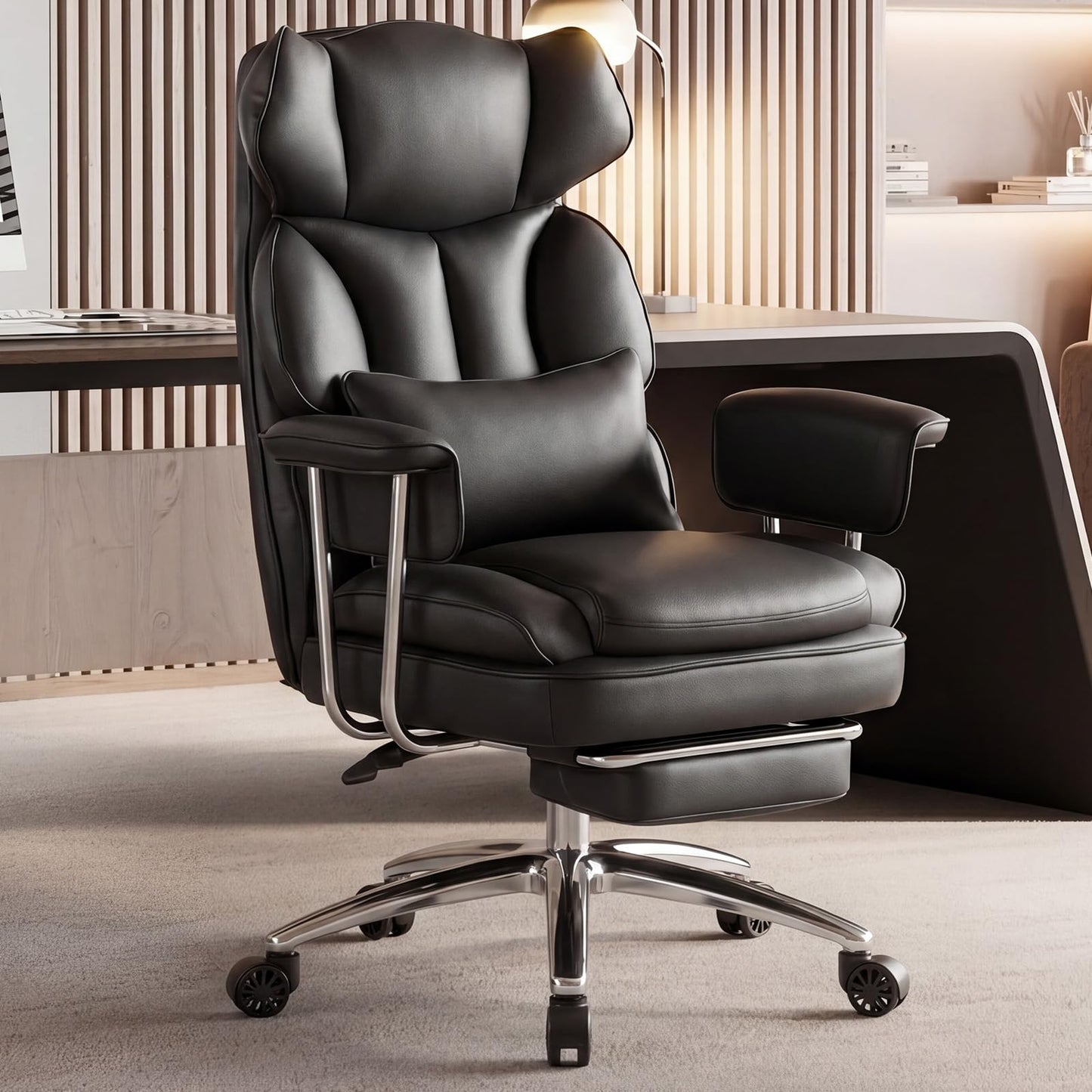 DUMOS Home Office Desk Executive Chair - Ergonomic Big Tall High Back with Footrest & Lumbar Support, Reclining Height Adjustable, Comfy PU Leather Computer Gaming with Swivel Wheels, Black