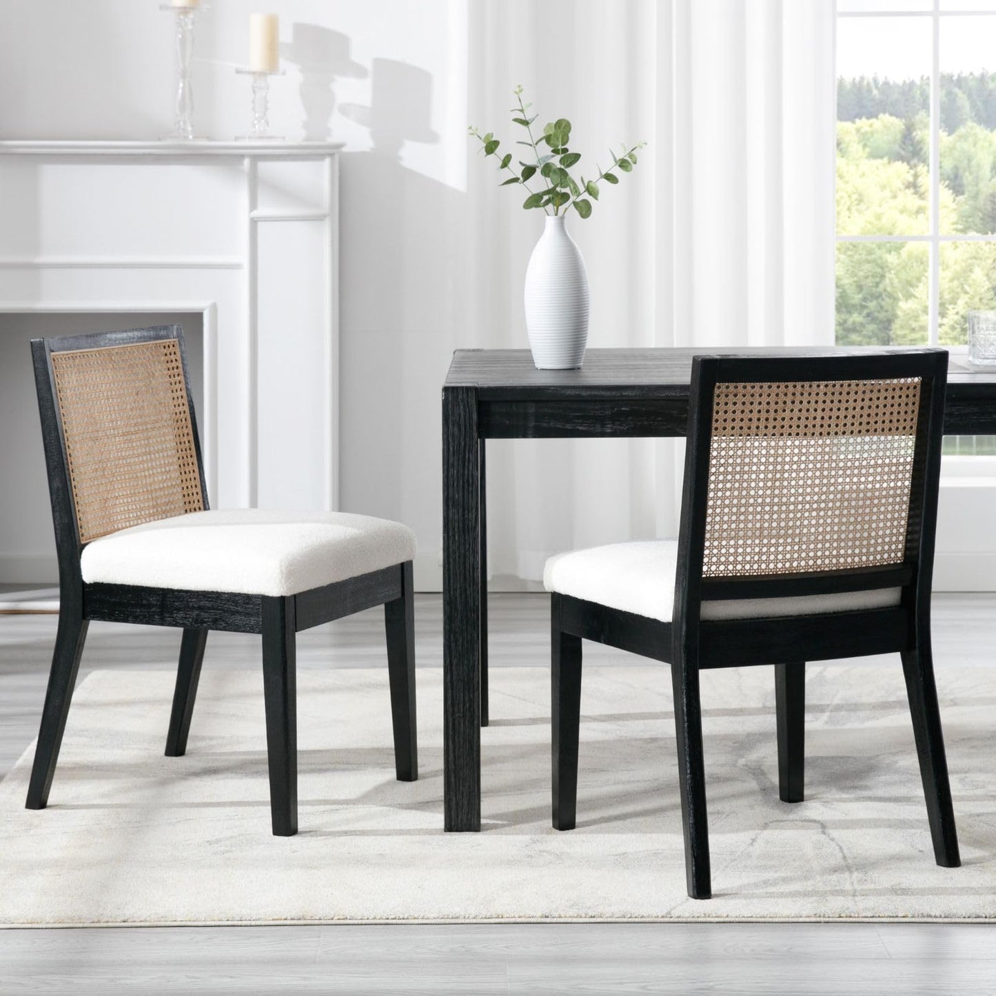 DAYALANE Rattan Dining Chairs Set of 4, Farmhouse Boucle Kitchen Chairs with Cane Back, Upholstered Sherpa Dining Room Chairs Comfy Side Wood Chair for Living Room/Restaurant, Black Sherpa