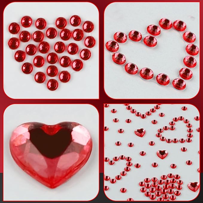 3 Sheets Rhinestone Sticker Self Adhesive Rhinestones Gems for Face Eyes Makeup Hair Body Stick on Rhinestones Stickers for Valentine Festival Decal Decor(Red)