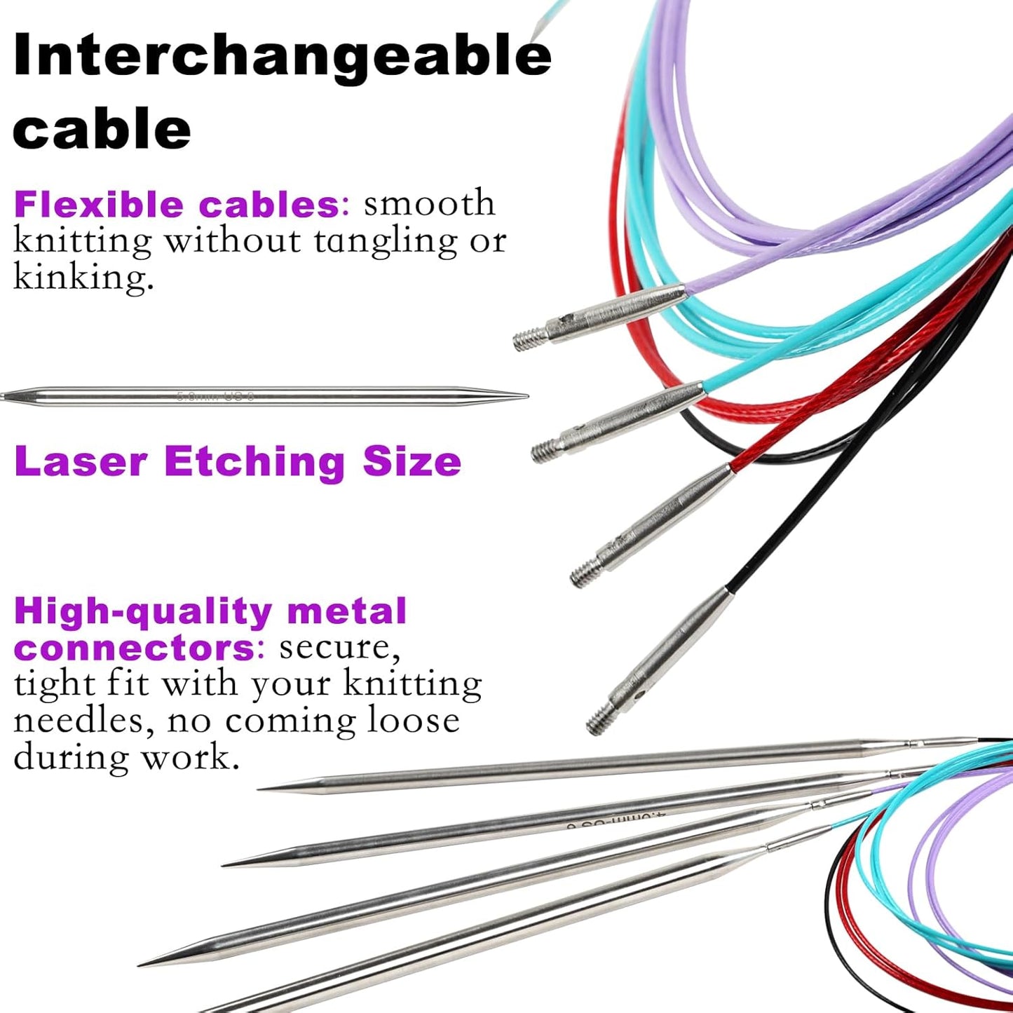 Svartur Lace Interchangeable Circular Knitting Needles, 5" Stainless Steel Interchangeable Knitting Needles Magic Loop for Socks, Gloves, US 0-8 Small Knitting Neeldes Lace-Tip with 4 Assorted Cables