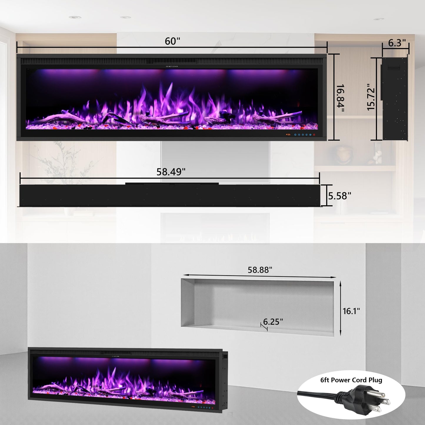 60" WiFi Electric Fireplace Insert, Ultra-Narrow Bezel Fireplace Heater with APP Control, 3 Top Light Colors, 13 Flame & Fuel Bed Colors, 9H Timer, Recessed/Wall Mounted, 750/1500W, Black