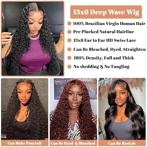 13x6 Deep Wave Lace Front Wigs Human Hair 180% Density Curly Glueless Wigs Wet and Wavy Wigs Pre Plucked for Women 20 Inch