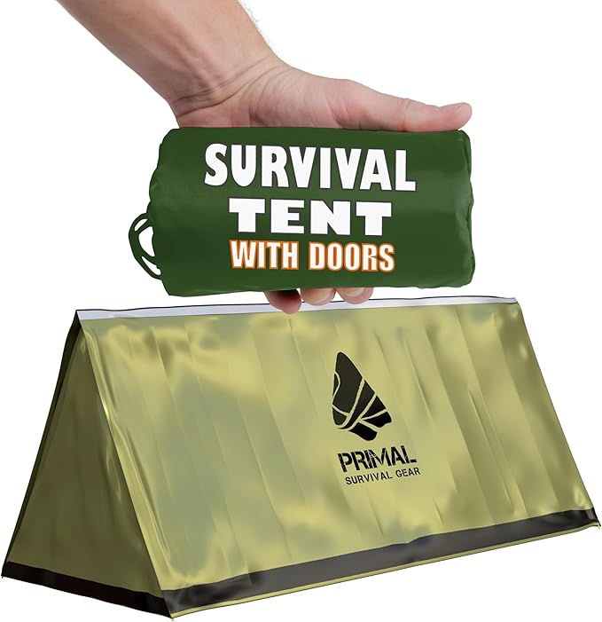 Primal Survival Gear Orange Polyester Survival Tent with Doors - Compact, Durable, All-Season Shelter for Camping, Hiking,...