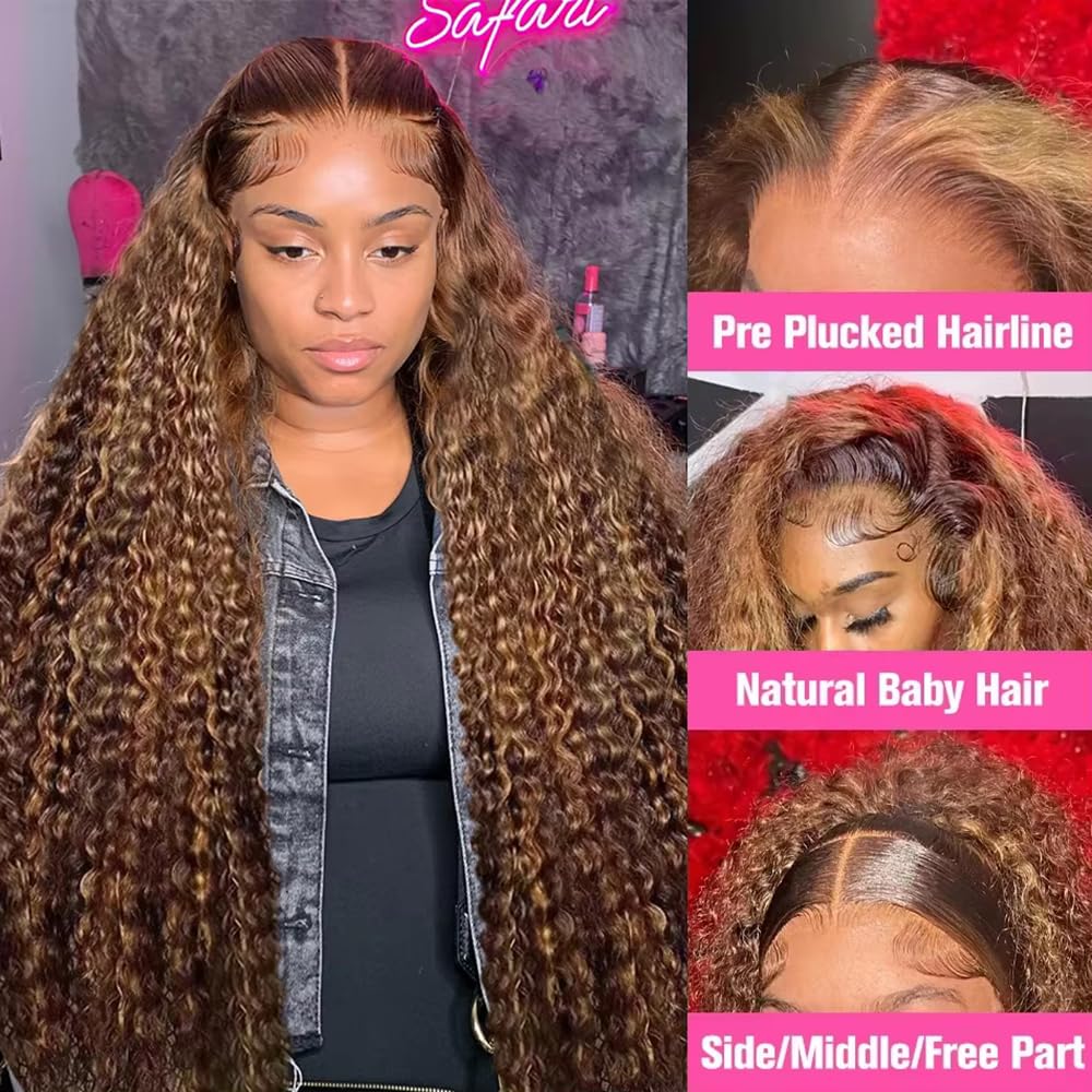 KFgood Ombre Lace Front Wig Human Hair 30inch Highlight 13x4 HD Deep Wave Wig Human Hair 200% Density 4/27 Colored Honey Blonde