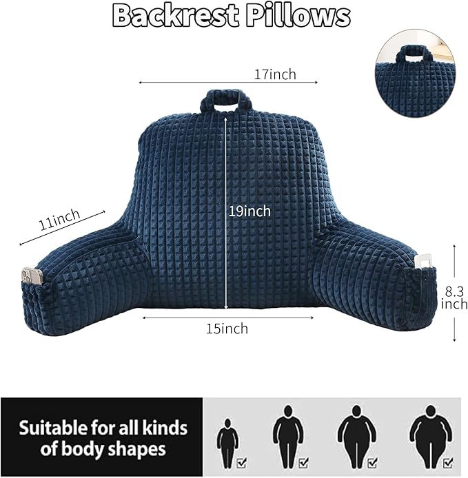 PAJEO Reading Pillow for Sitting in Bed, Large Backrest Reading Pillow with Arm Rest,Back-Rest Support Cushion for Sit Up on Couch, Sofa, and Floor(Dark Blue Flannel, Large(19"))