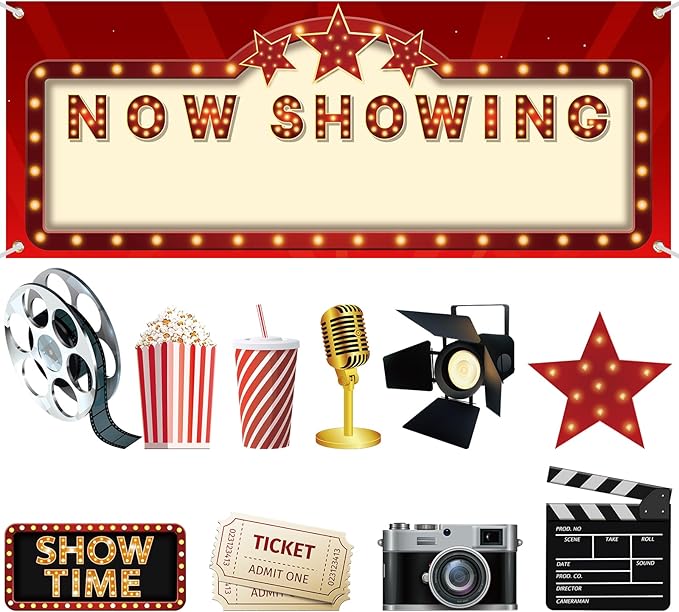 Tallew 12 Pieces Movie Night Party Decorations Now Showing Banner Red Carpet Backdrop Double Sided Printing Red Carpet Cut...