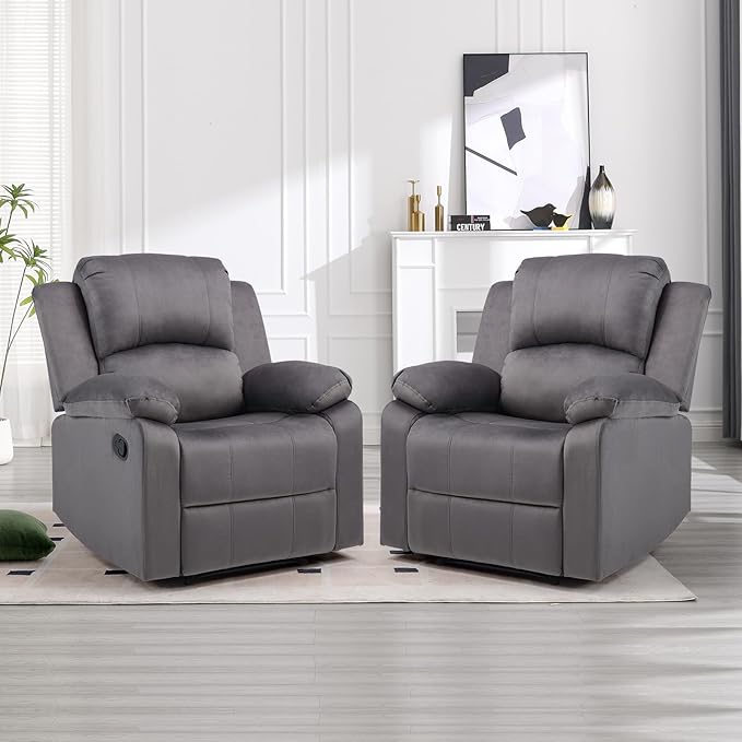 CANMOV Manual Recliner Chair Set of 2, Soft Fabric Overstuffed Recliner Single Sofa Chair for Living Room Bedroom, Heavy Duty and Safety Reclining Mechanism, Dark Grey
