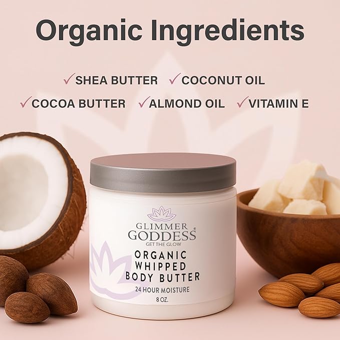 Glimmer Goddess Organic Whipped Body Butter for Women - Moisturizer Cream with Shea & Cocoa Butter, Almonds & Coconut Oil - Caribbean Breeze, 8oz