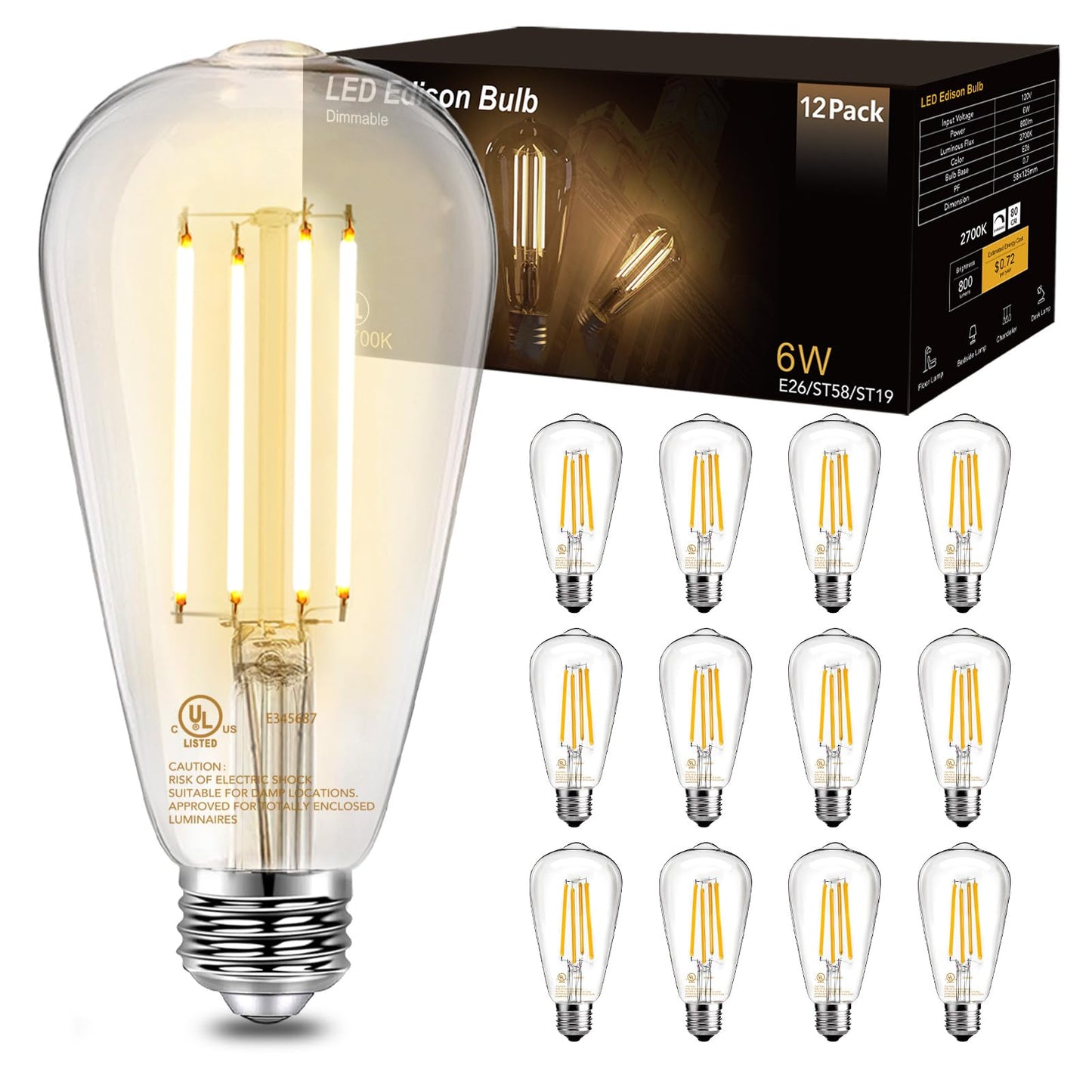 DAYBETTER Vintage LED Edison Bulbs, E26 Led Bulb 60W Equivalent, Dimmable Led Light Bulbs, High Brightness 6W 800 LM Warm White 2700K, ST58 Antique LED Filament Bulbs, Clear Glass, 12 Pack