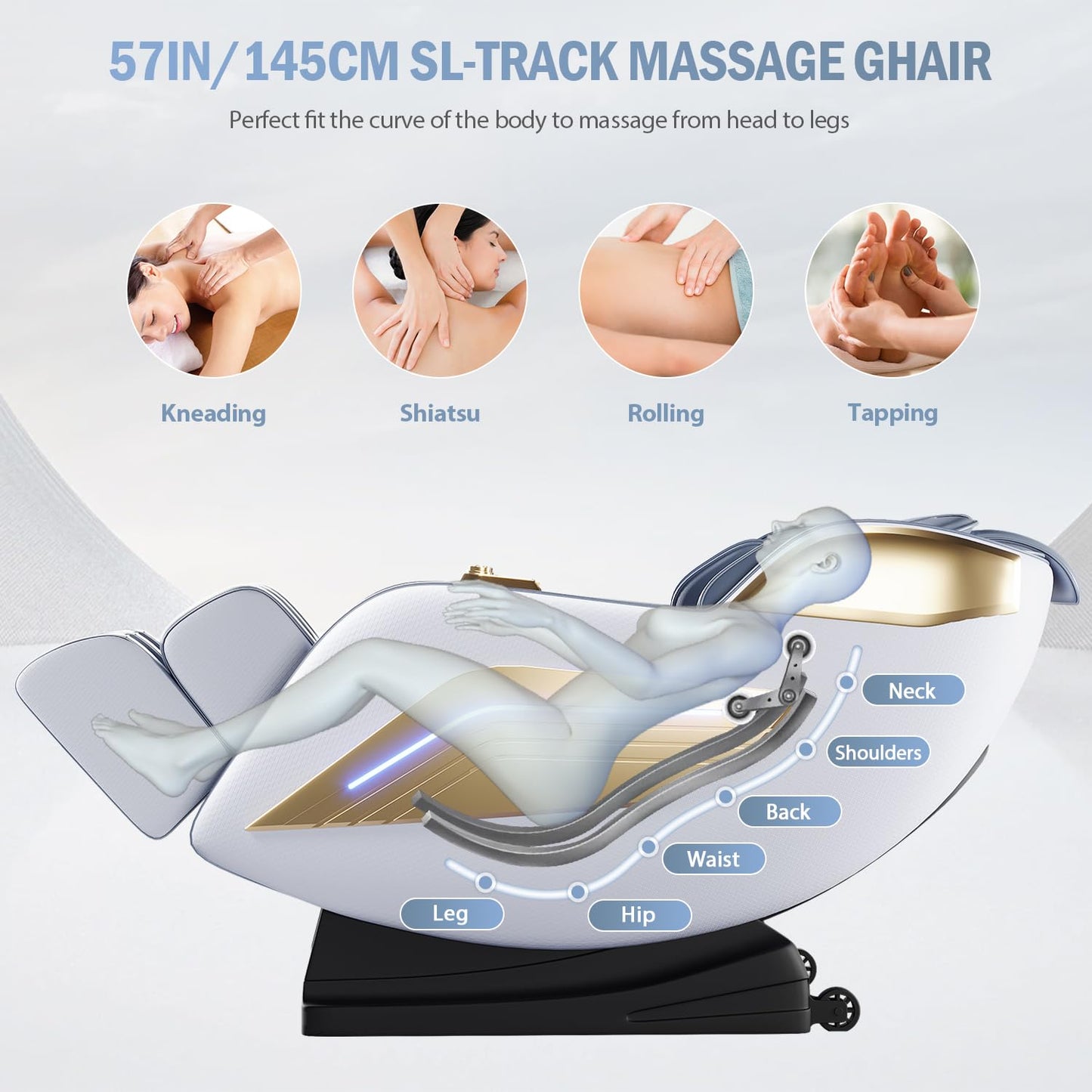 AVSAMOQ Massage Chair Full Body, 4D Zero Gravity 57" SL-Track Shiatsu Massage Chair Recliner with Airbags, Heating, Body Scan, Deep Yoga Stretch, Foot Rollers, AI Voice Control (White)