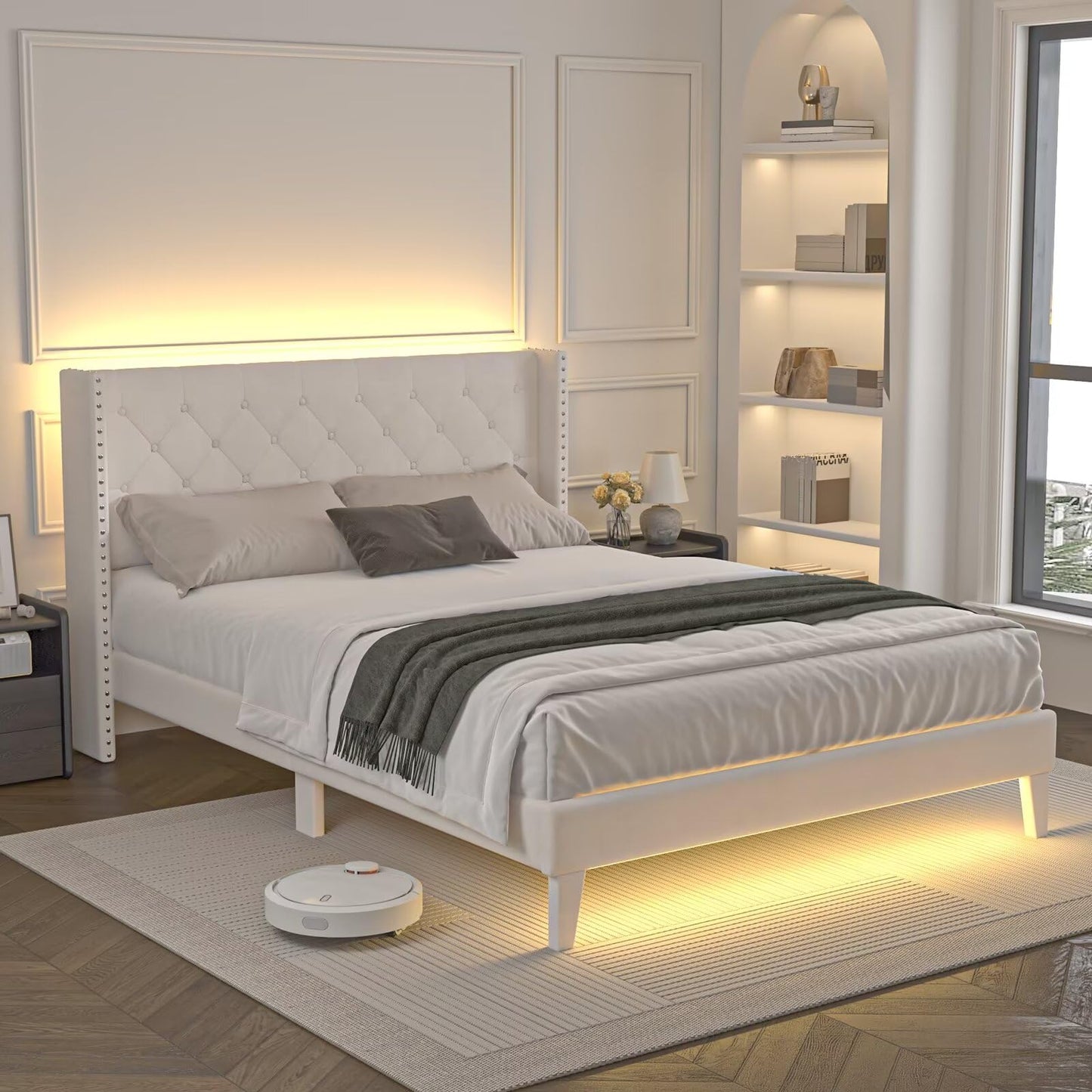 Lihimte Full Size Bed Frame with Led Lights, Upholstered Velvet Platform Bed Frames with Button Tufted Wingback Headboard and Footboard, Wooden Slats Support, No Box Spring Needed, Beige