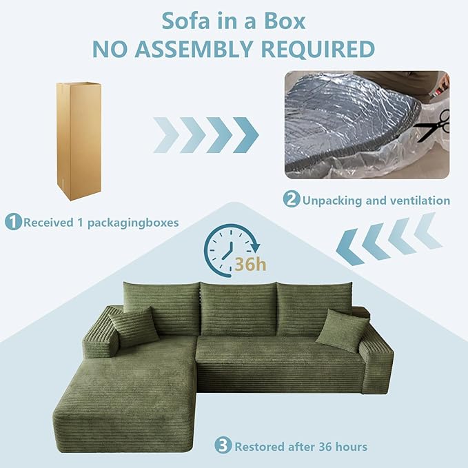 95" Cloud Sectional Couch with L-Shape Chaise, Modern Corduroy Boneless Couch for Living Room,Memory Foam Sofa with Deep Seat,No Assembly Required (Green,Left-Facing Chaise)