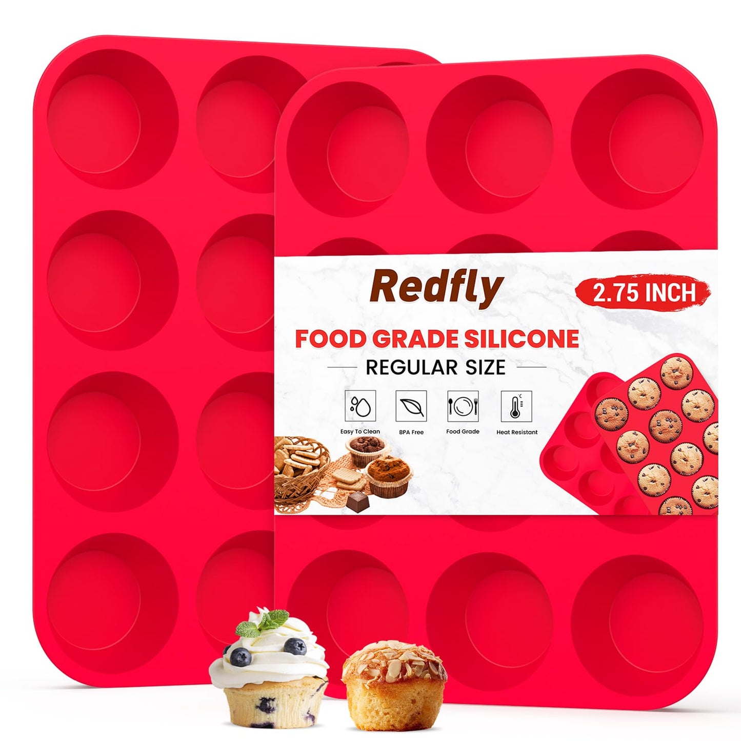 Redfly 2 Pack Silicone Muffin Pan & Cupcake Pans for Baking - 12 Cup Regular Size BPA Free Egg Bites Molds