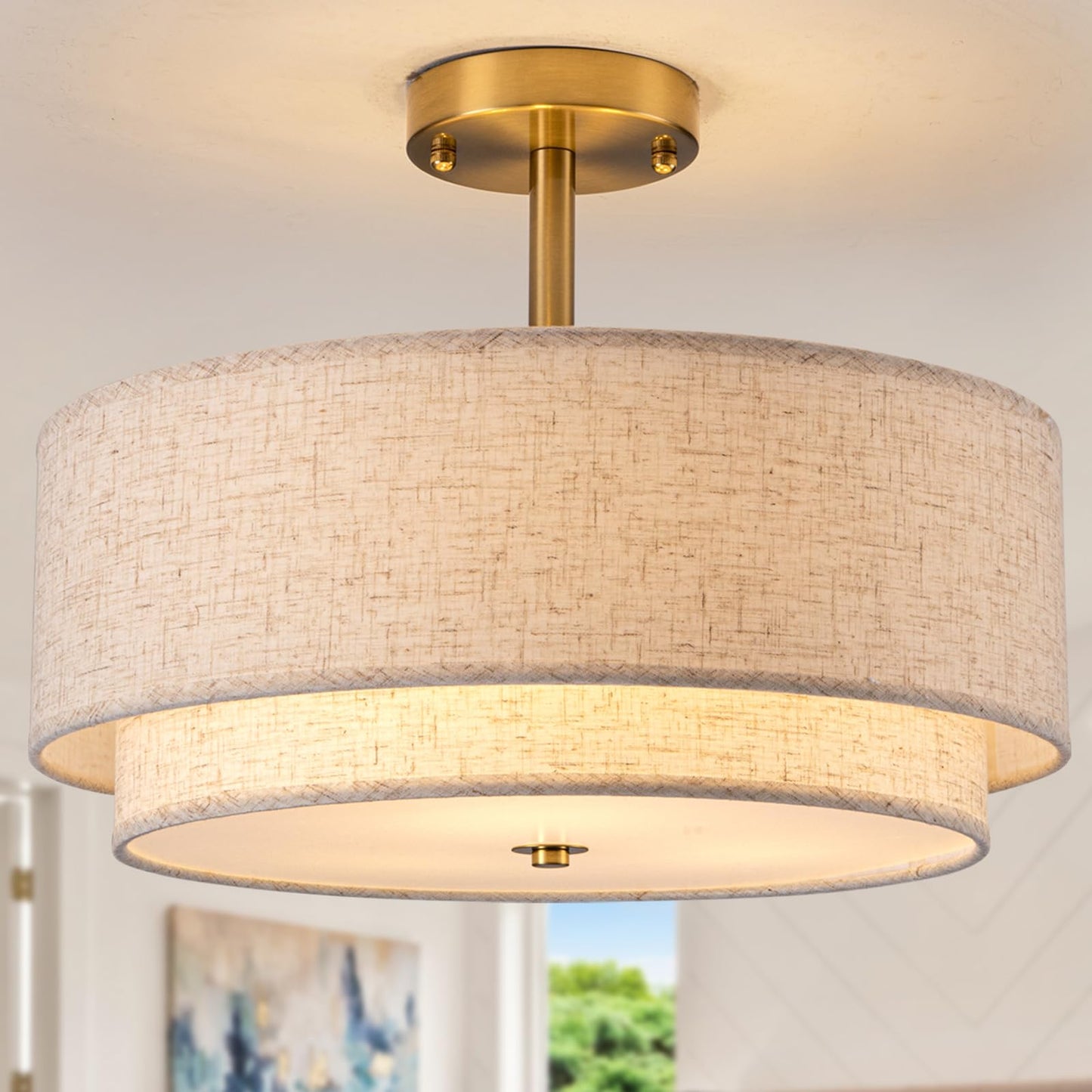 Aufrichting 16" Semi Flush Mount Ceiling Light Fixture,Modern Close to Ceiling Light, 3-Lights Gold Drum Ceiling Light with Linen Fabric Shade for Bedroom Living Dining Room Hallway Entryway Foyer