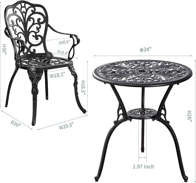 Withniture 3 Piece Patio Bistro Set Cast Aluminum Bistro Table and Chairs Set of 2 with Umbrella Hole,All Weather Metal Bistro Table Set,Outdoor Patio Furniture Set for Garden(Butterfly Black)