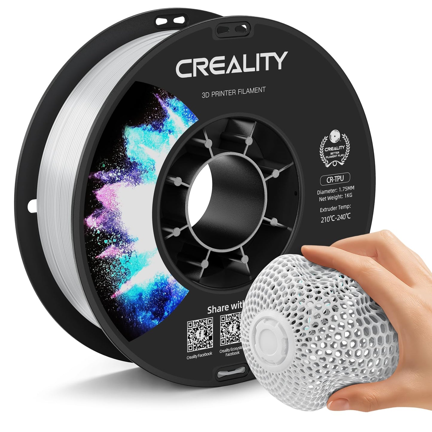 Creality TPU Filament 1.75mm White, Flexible 3D Printer Filament TPU 95A, 1kg(2.2lbs) Neatly-Wound Spool, Excellent Resilience,