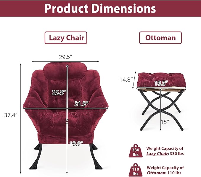 Youtanic Lazy Chair with Folding Ottoman, Accent Chair Plush Upholstered with Metal Structure and Non-Slip Pads, Sofa Armchair with Footrest and Side Storage Bag for Dorm, Room, Office, Rose Red