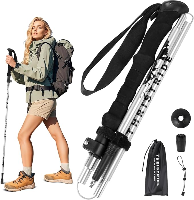 THRISTRIDE Collapsible Aluminum Single Trekking Pole(1pc) - Lightweight Hiking Stick for Women, Men & Seniors, Adjustable ...