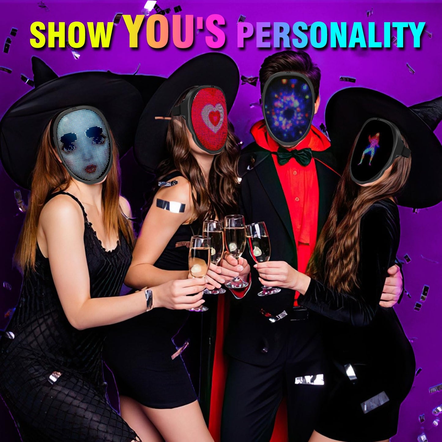 MEGOO Led Mask with Bluetooth Programmable App,Shining Led Light Up Face Mask for Adult Kid Halloween Masquerade Party (Battery)