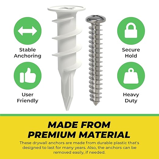 Qualihome Drywall Anchors with Screws – 200 Piece Set (100 Anchors + 100#8 x 1-1/4" Screws) | Self Drilling Drywall Anchors Heavy Duty | Wall Anchors for Drywall | Plastic Screw Anchor Kit