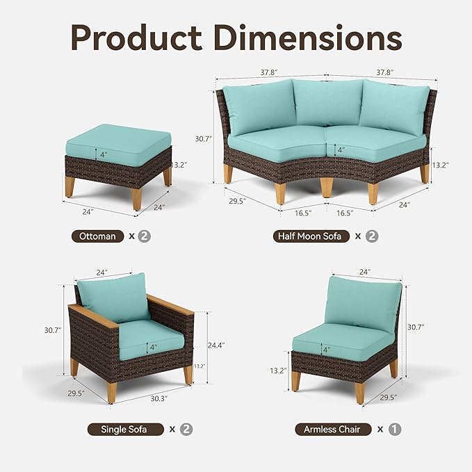 GREEN PARTY 9 Pieces Wicker Patio Furniture Set, All-Weather Outdoor Rattan Half-Moon Curved Patio Sectional Sofa Conversation Set 9 Seats with 4" Thick Cushions for Backyard, 2 x Ottomans (Blue)