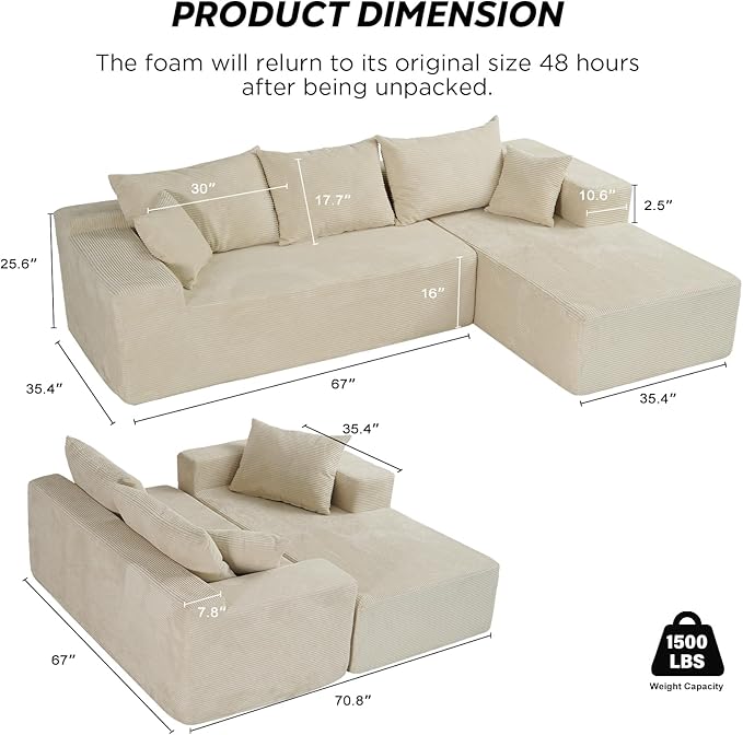 Cloud Sectional Couch with L-Shape Chaise,Modern Modular Sofa with Deep Seat, Upholstered Couches for Living Room Bedroom,No Assembly Required, Beige (Right Facing Chaise)