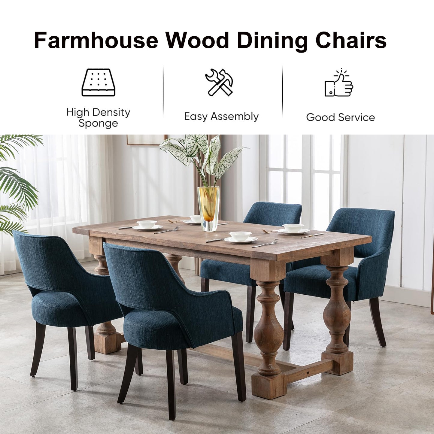 Kmax Linen Fabric Dining Chairs Set of 2 Upholstered Side Chairs Farmhouse Accent Chairs with Open Back Wood Legs for Dining Room Guest Room Restaurant, Blue(Wider Seats)