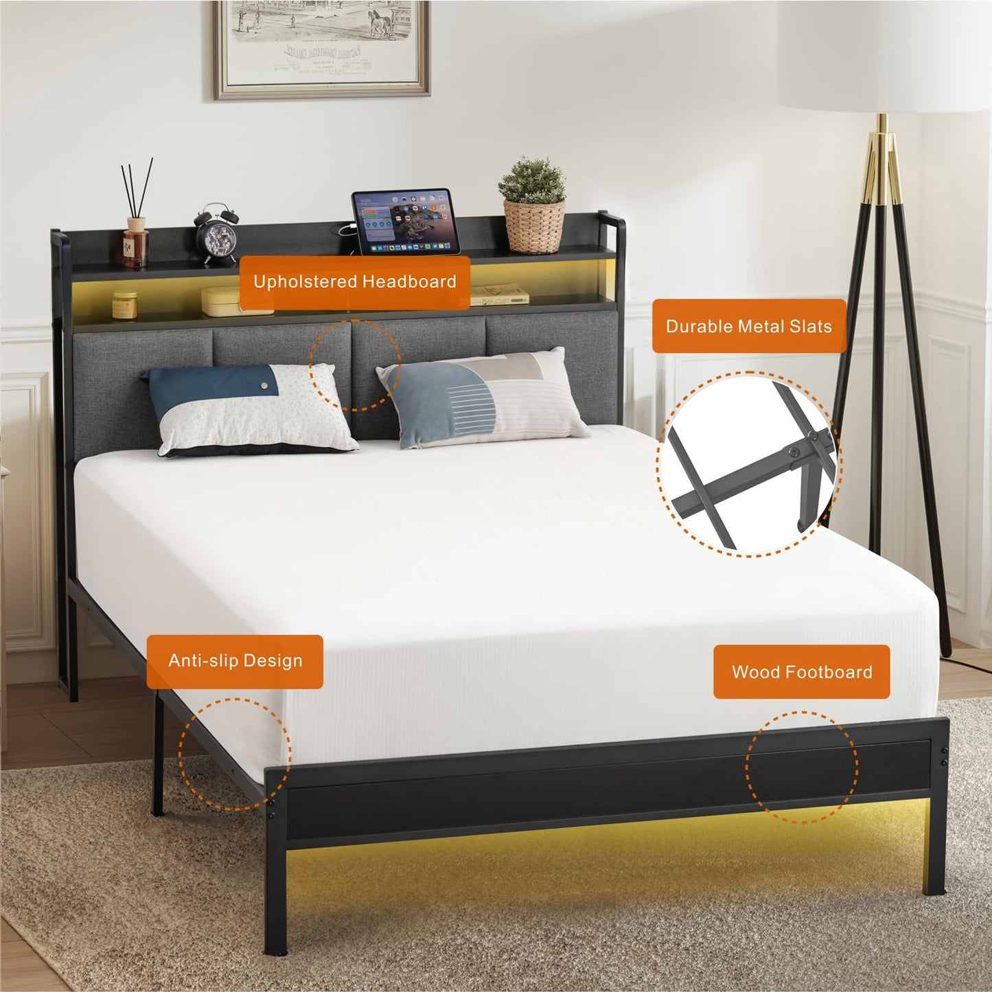 Z-hom Twin Bed Frames, Upholstered Upgraded Metal Bed Frame with LED Lights Headboard & Footboard, Bed Furniture with Charging Station Ports & Storage Shelves, Easy Assembly Bed Frame, Noise Free