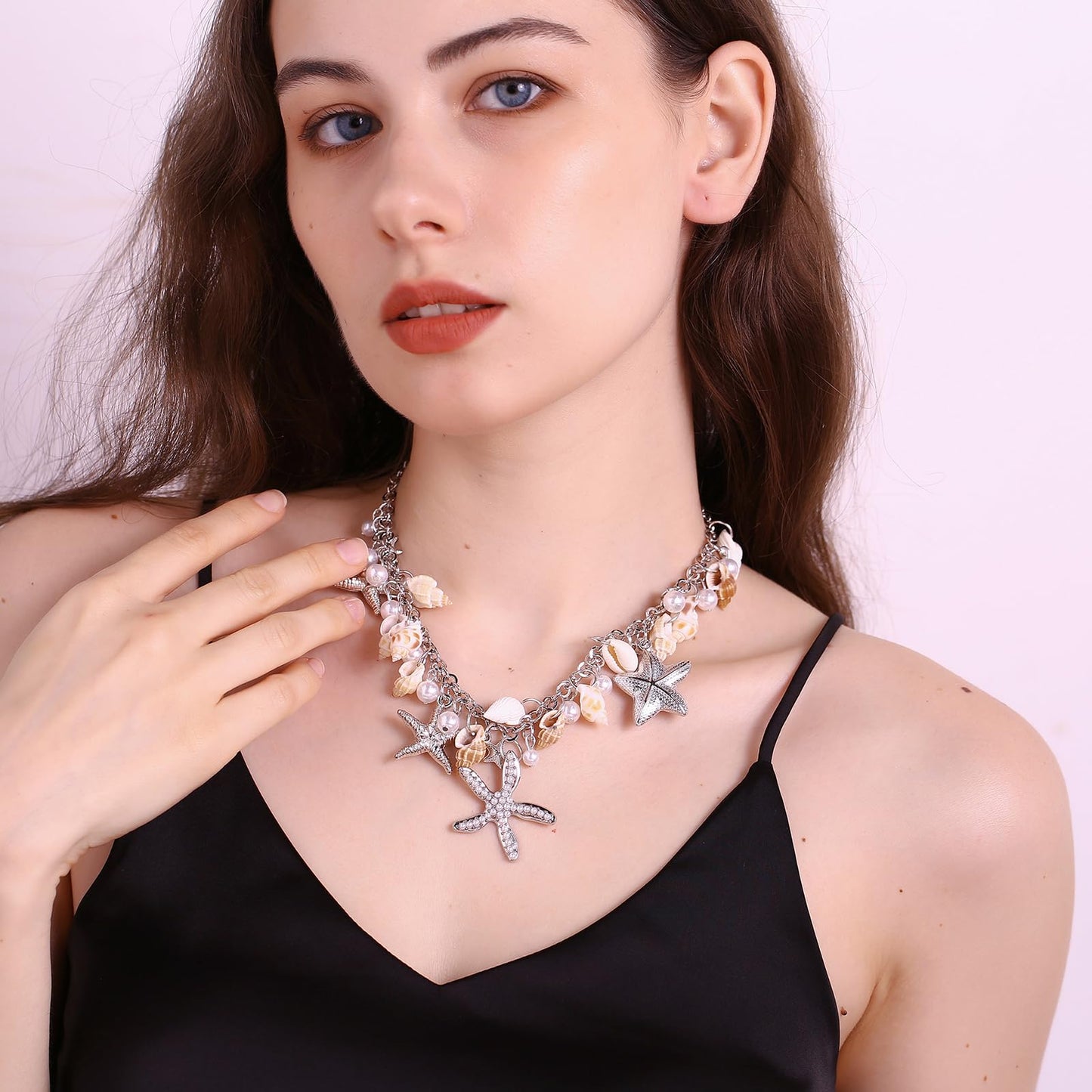 RUOFFETA Shell Starfish Necklace Bracelet Conch Statement Chunky Necklace Mermaid Costume Jewelry Beach Jewelry for Women(Neckla