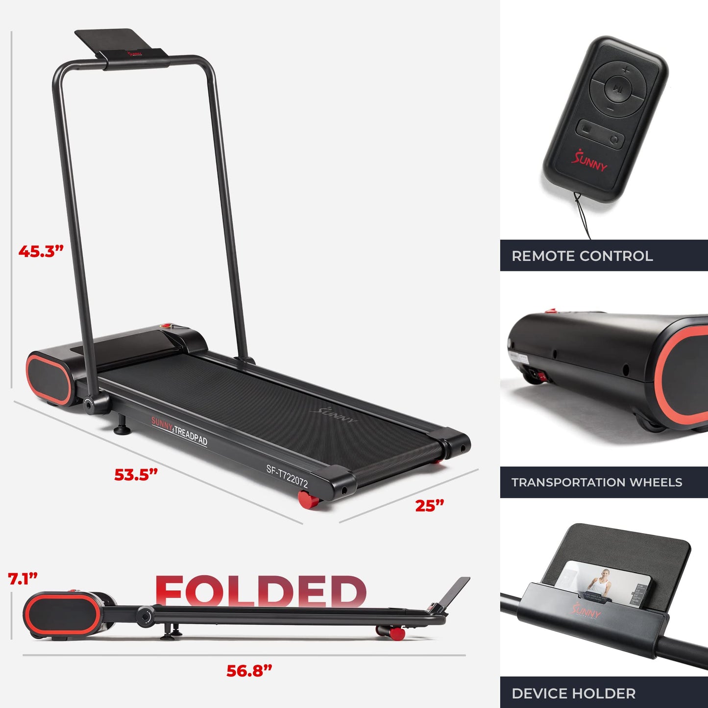 Sunny Health & Fitness Treadpad™ Nimble Compact Dual Mode Walking/Running Treadmill with Convenient Remote Control & Exclusive SunnyFit® App Enhanced Bluetooth Connectivity - SF-T722072