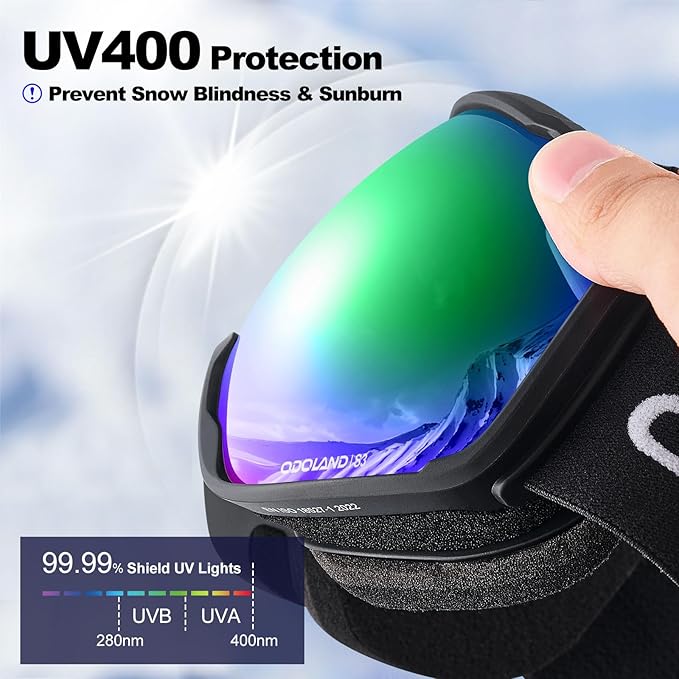 Odoland Snow Ski Goggles S2 Double Lens Anti-Fog OTG Windproof UV400 Eyewear for Men, Women and Youth-Skiing Snowboarding