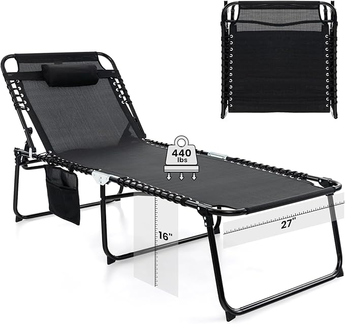GYMAX Lounge Chair for Outside, 440lbs 27” Oversize Folding Beach Tanning Sunbath Chair with Adjustable Backrest & Removable Pillow, Lightweight Portable Patio Lounger for Lawn Poolside (1, Black)