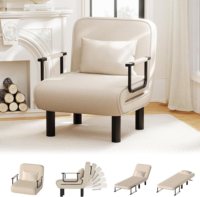 Furniliving 4 in 1 Folding Sofa Bed Chair, Convertible Sleeper Chair Bed with 6-Position Adjustable Backrest, Upholstered Chaise Lounge with Pillow, Accent Chairs for Bedroom/Office, Linen, Beige, 2