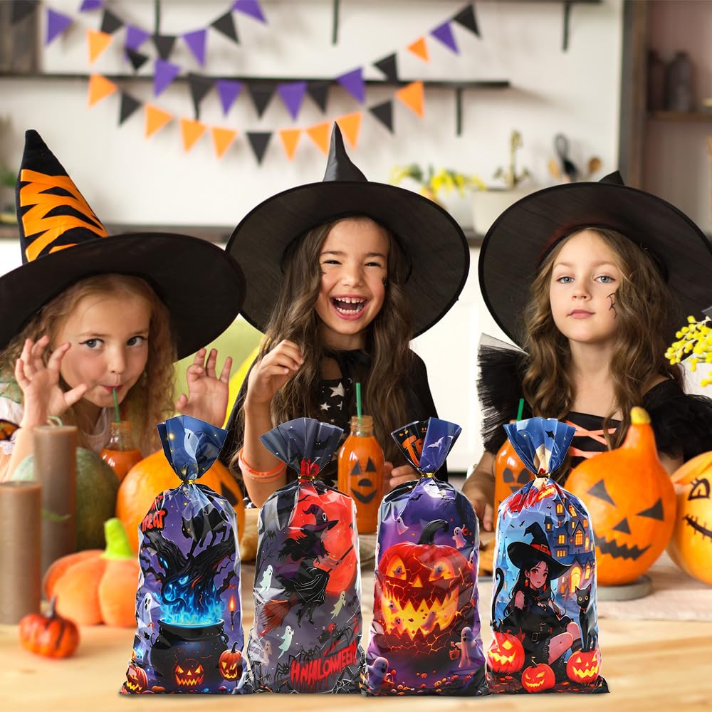 Halloween Cellophane Treat Bags, 100 Pcs Plastic Trick or Treat Candy Goodie Gift Bags with Twist Ties, 4 Style Clear Cookies Snack Goody Bag for Halloween Birthday Party Favors Supplies 10.8 X 4.9 In