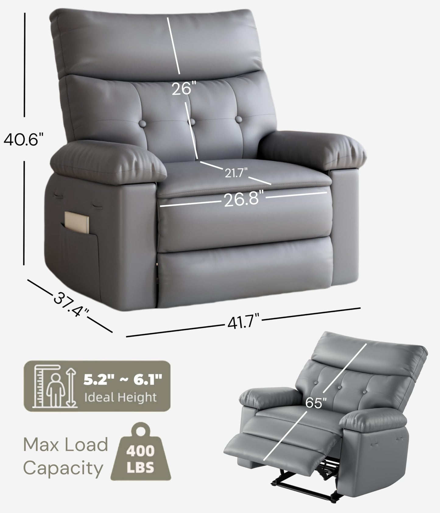 Garvee Manual Recliner PU Leather Living Room Chair Adjustable Reclining Chair Oversized Home Theater with Massage & Heat - Gray