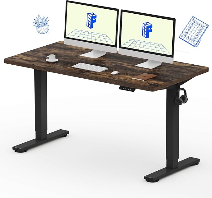 FLEXISPOT EN1 One-Piece 55 x 28 Inches Electric Stand Up Desk Workstation, Home Office Computer Height Adjustable Desk (Black Frame + Rustic Top 2 Packages)