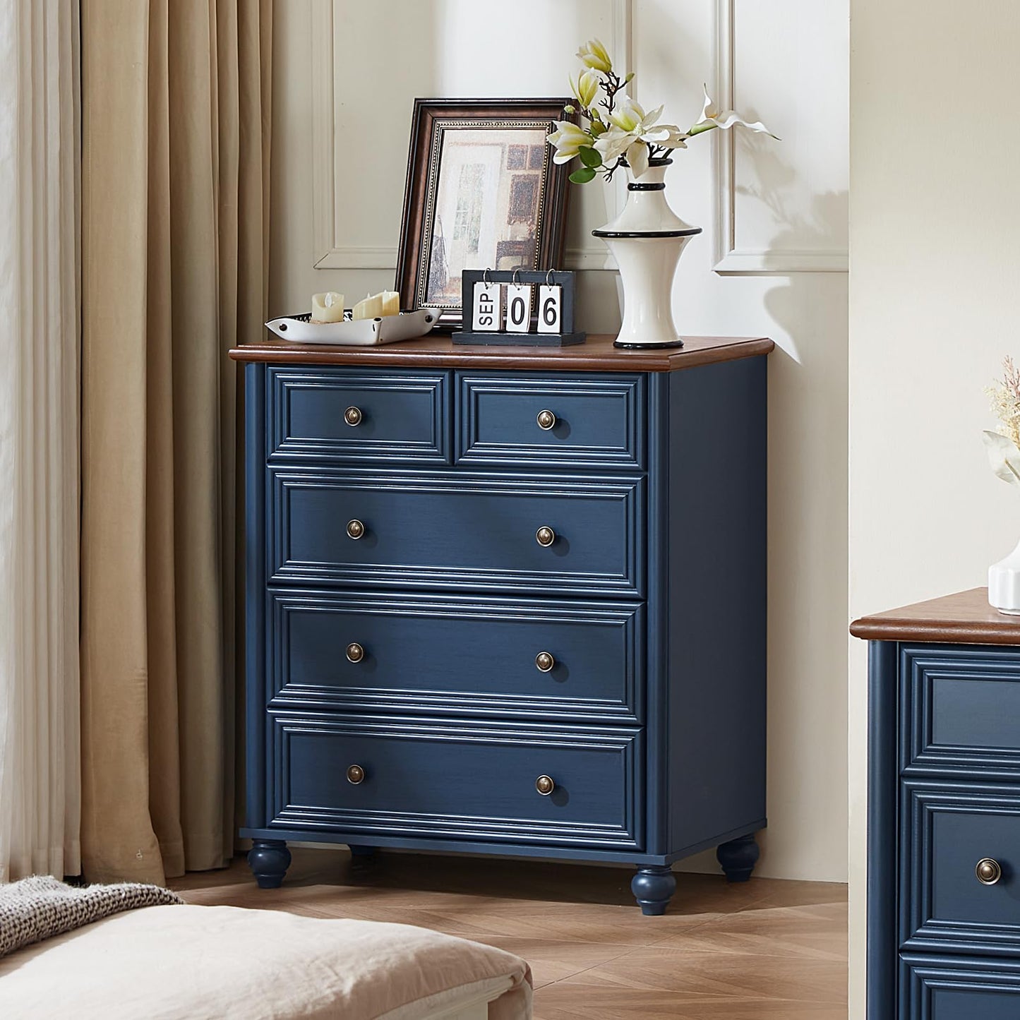 RWYHG Farmhouse 5 Drawer Dresser for Bedroom, 35.5" Tall Small Dressers & Chest of Drawers, Rustic Wood Dresser with Roman Column, Storage Organizer for Living Room, Hallway, Closet (Blue)