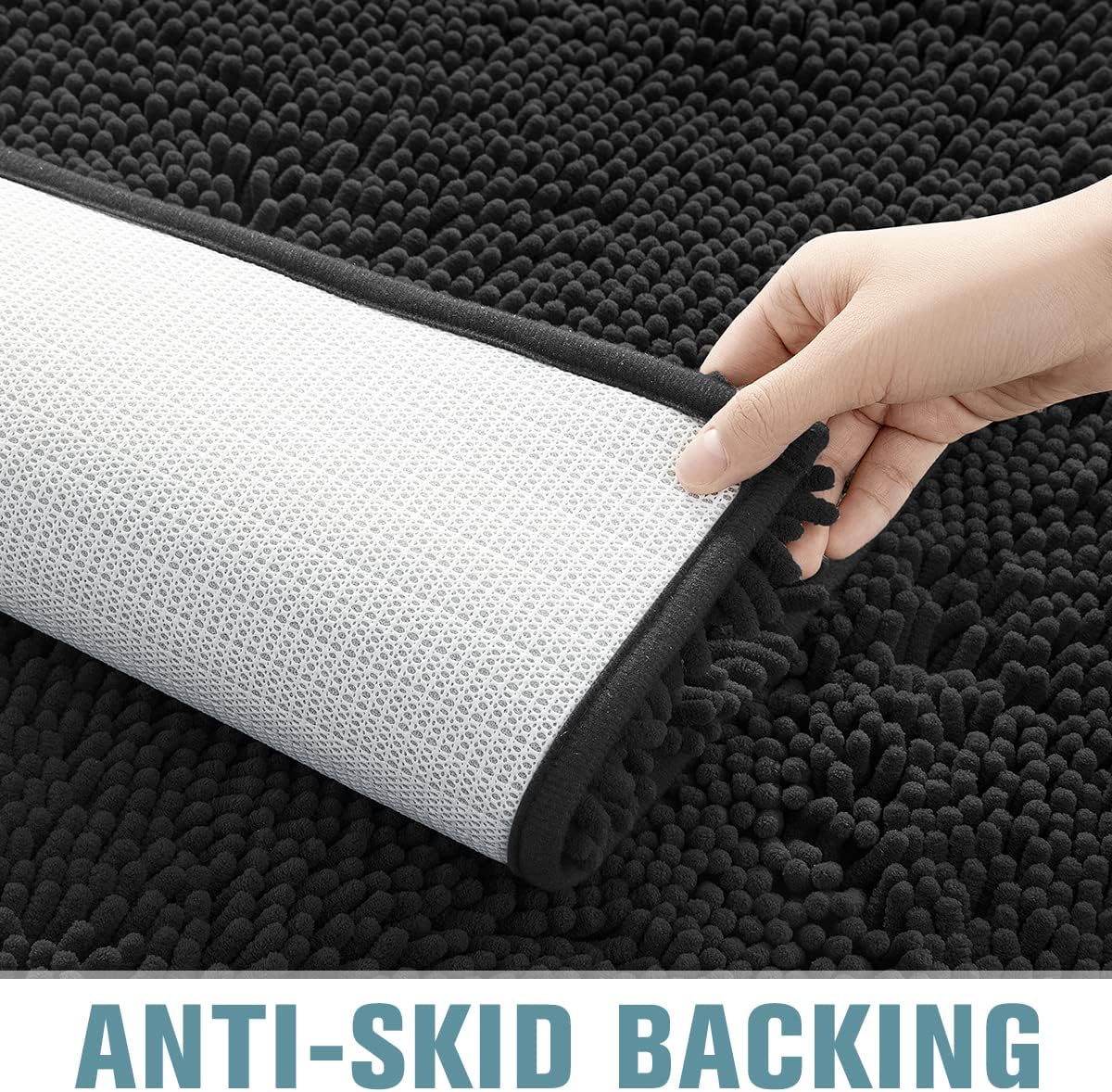 SONORO KATE Bathroom Rug,Non-Slip Bath Mat,Soft Cozy Shaggy Thick Bath Rugs for Bathroom,Plush Rugs for Bathtubs,Water Absorbent Rain Showers and Under The Sink (Black, 36" x 24" Plus 17" x 24")
