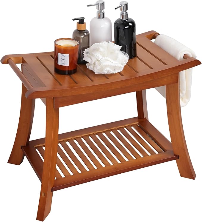 VVW Bamboo Shower Bench & Stool with Storage Shelf, Bath Benches for Inside Shower, Bathroom Stools 2-Tier Spa Seat for Adults Elderly (Walnut)