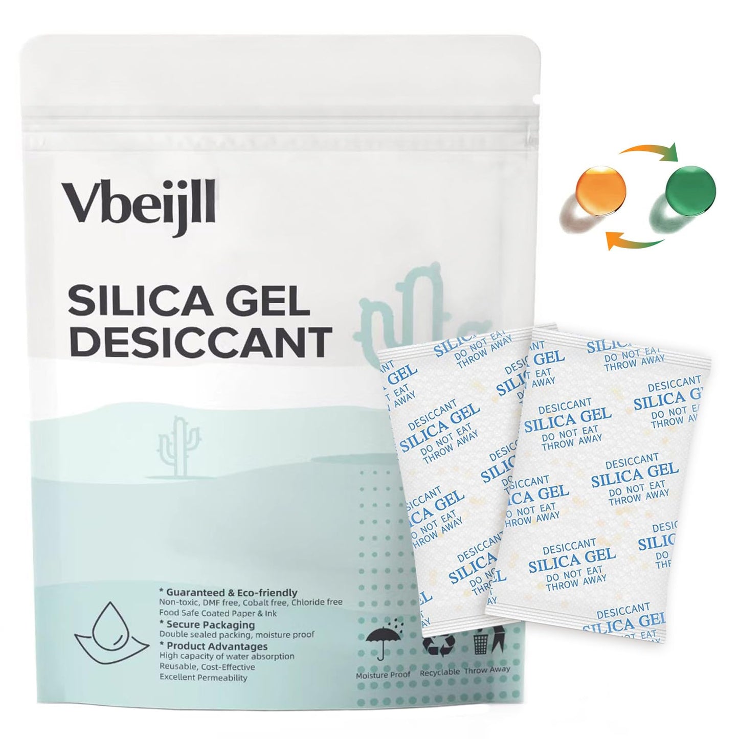 Vbeijll 5 Gram (20 Pack) Color-Indicating Silica Gel Packets, Premium Food Grade Desiccant - Rechargeable Moisture Absorbers for Food Storage, Electronics, 3D Filament & Safes